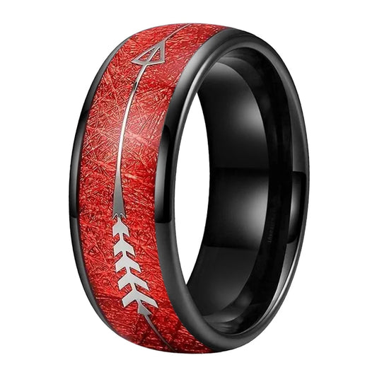 Anillo Tungsteno con Meteorito Rojo y Flecha Plateada
