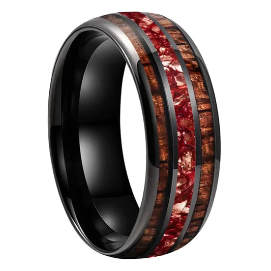 Anillo Tungsteno 8mm Madera Koa y Cristal Rojo - Black Color / Width 8MM / 6