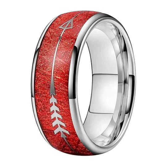 Anillo Tungsteno con Meteorito Rojo y Flecha Plateada