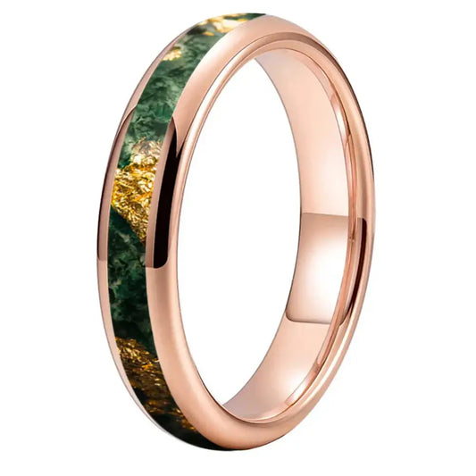 Anillo de Boda Tungsteno con Ágata Musgosa y Lámina de Oro 4mm - Rose Gold Color 4MM / 8