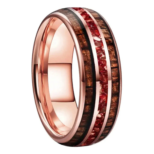 Anillo Tungsteno 8mm Madera Koa y Cristal Rojo - Rose Gold Color / Width 8MM / 6