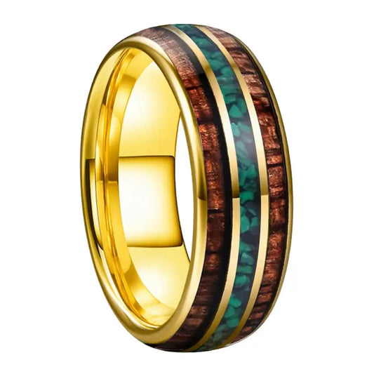 Anillo Tungsteno 8mm Madera Koa y Malaquita Verde - Gold Color / Width 8MM / 7.5
