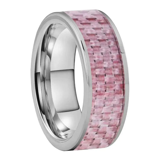 Banda Tungsteno 8mm Plano con Fibra de Carbono Rosa - Silver Color / Width 8MM / 6